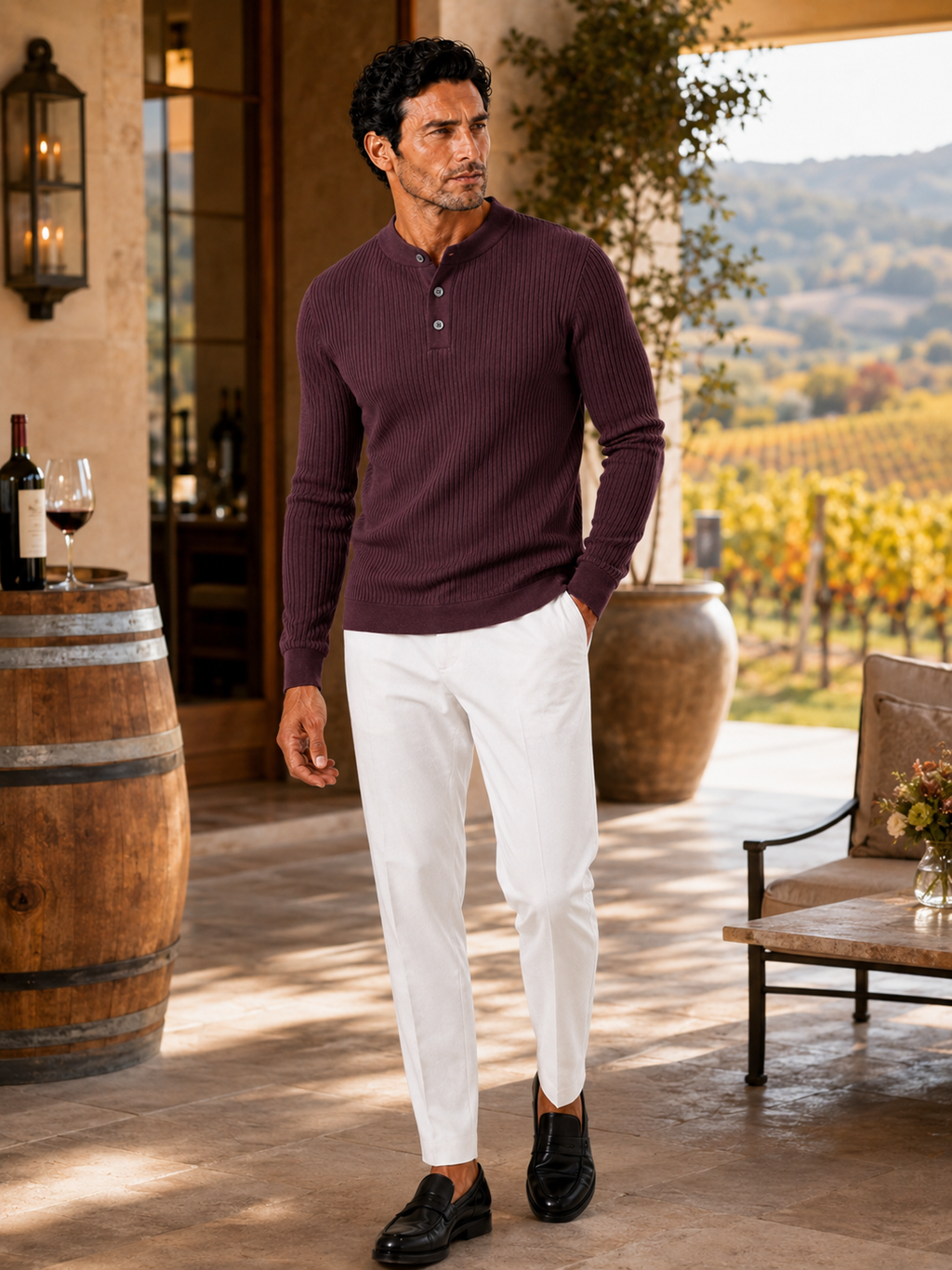 Man styling wine henley polo shirt in a refined autumn business casual outfit