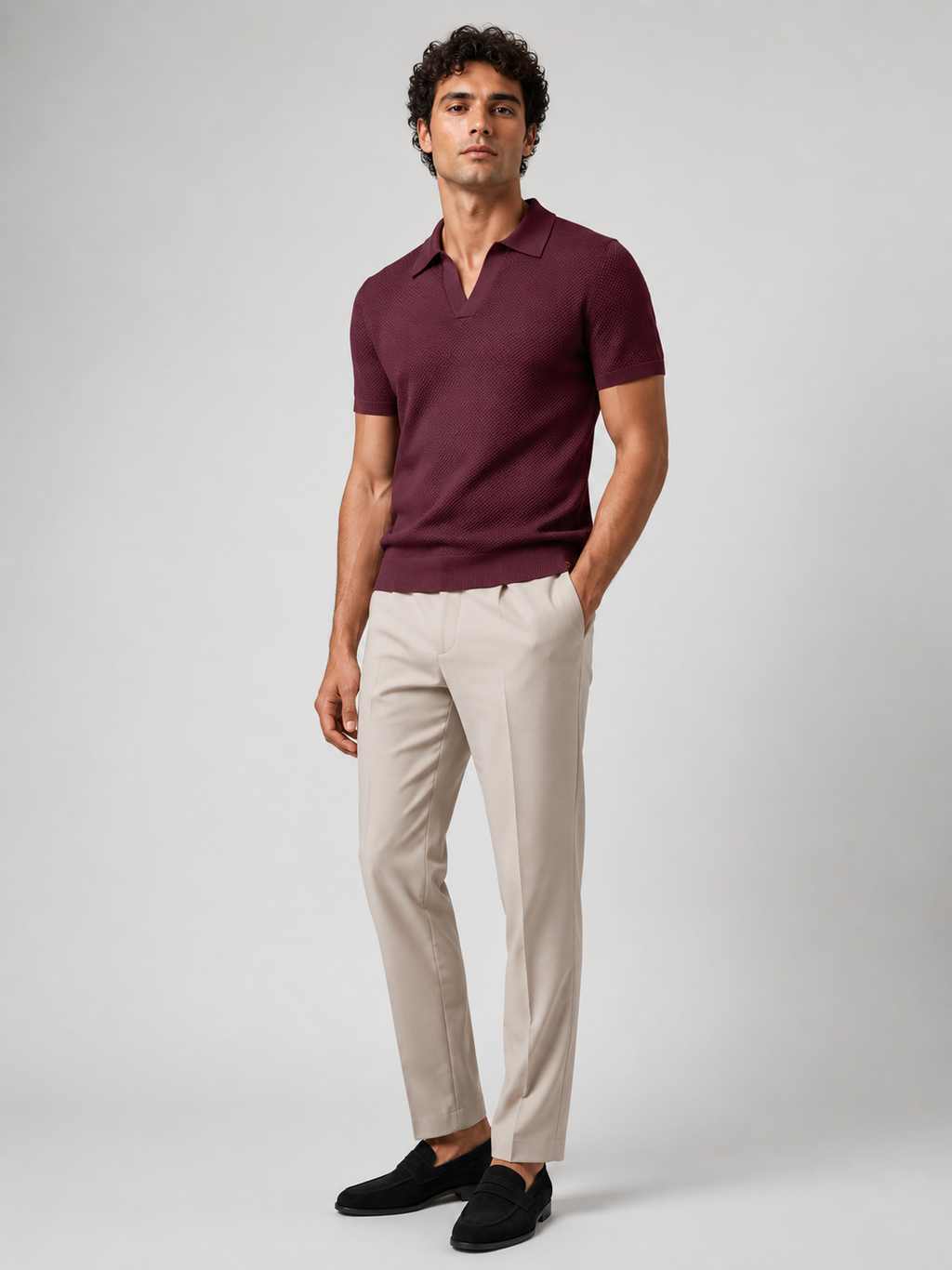 Wine short sleeve knit polo for men comfortable lightweight summer casual wear