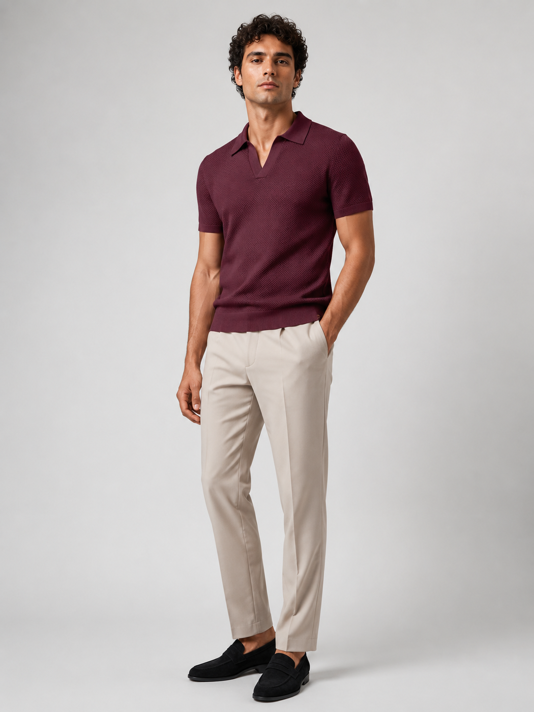 Wine short sleeve knit polo for men comfortable lightweight summer casual wear