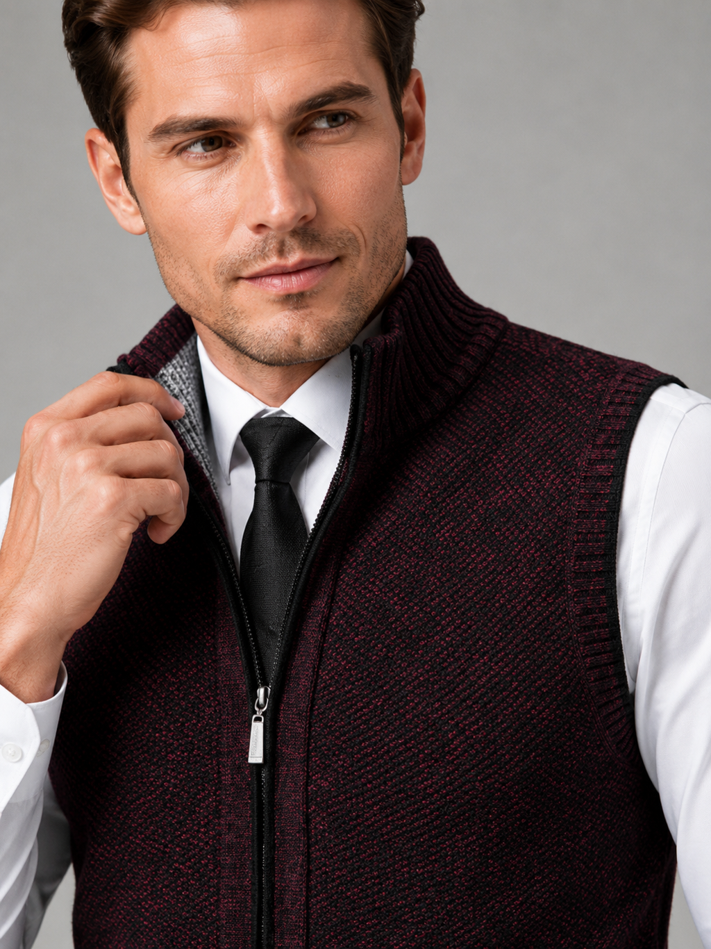 Close up of wine full zip sweater vest showing soft knit texture and stand collar zipper detail