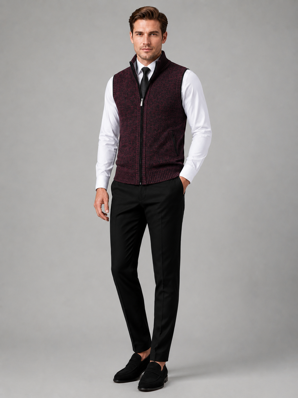 Wine full zip sweater vest for men slim fit knit layer for business casual and everyday wear