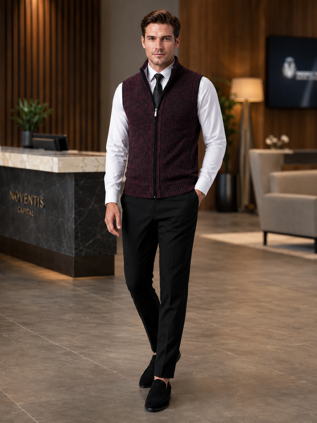 Man styling wine full zip sweater vest in an elegant business casual and everyday lifestyle outfit