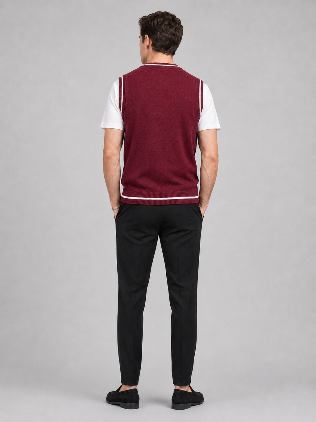 Men’s wine patchwork knit sweater vest comfortable sleeveless layer for office and smart casual outfits