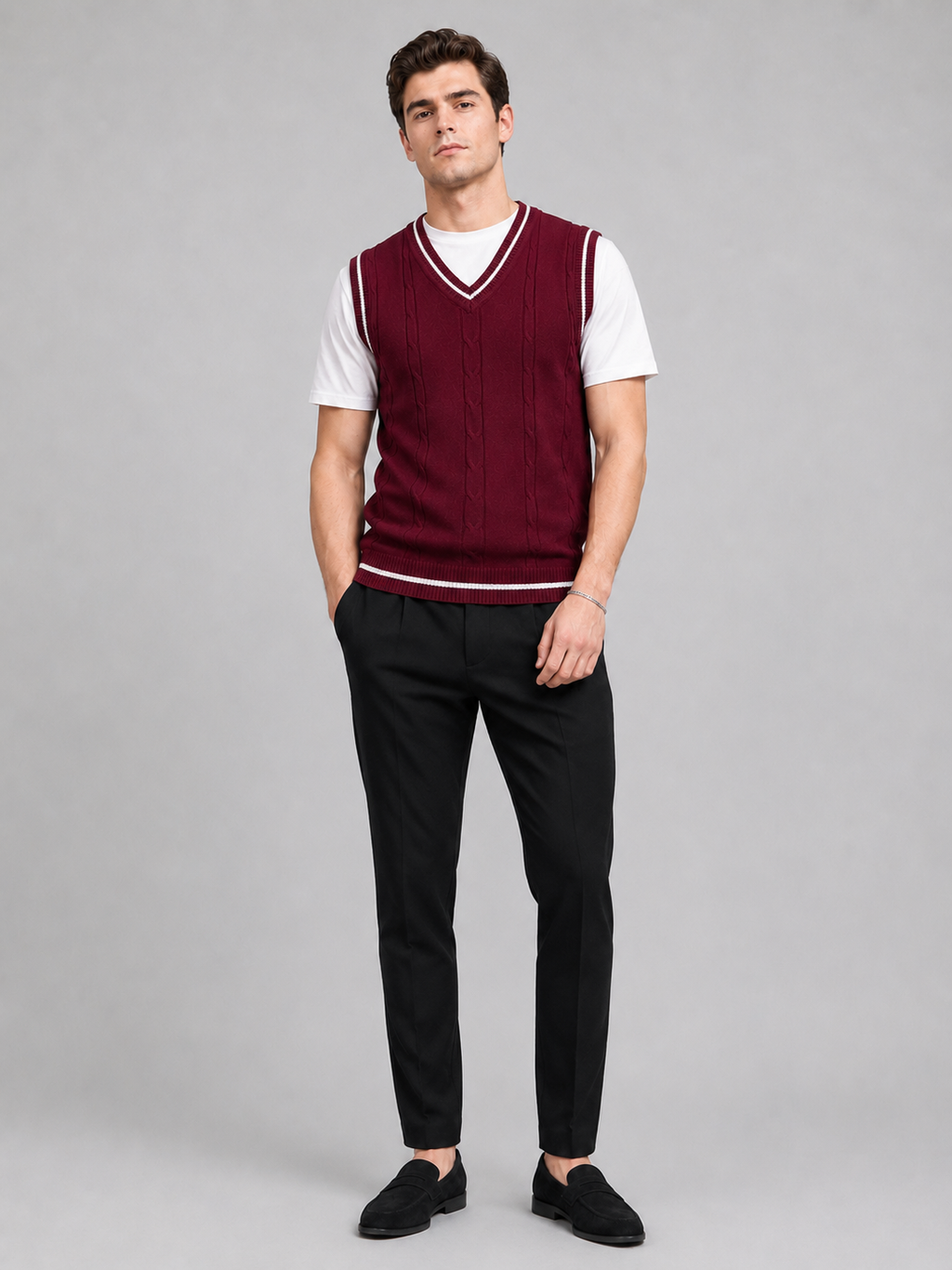 Wine v neck sweater vest for men slim fit knit layer for business casual and everyday wear