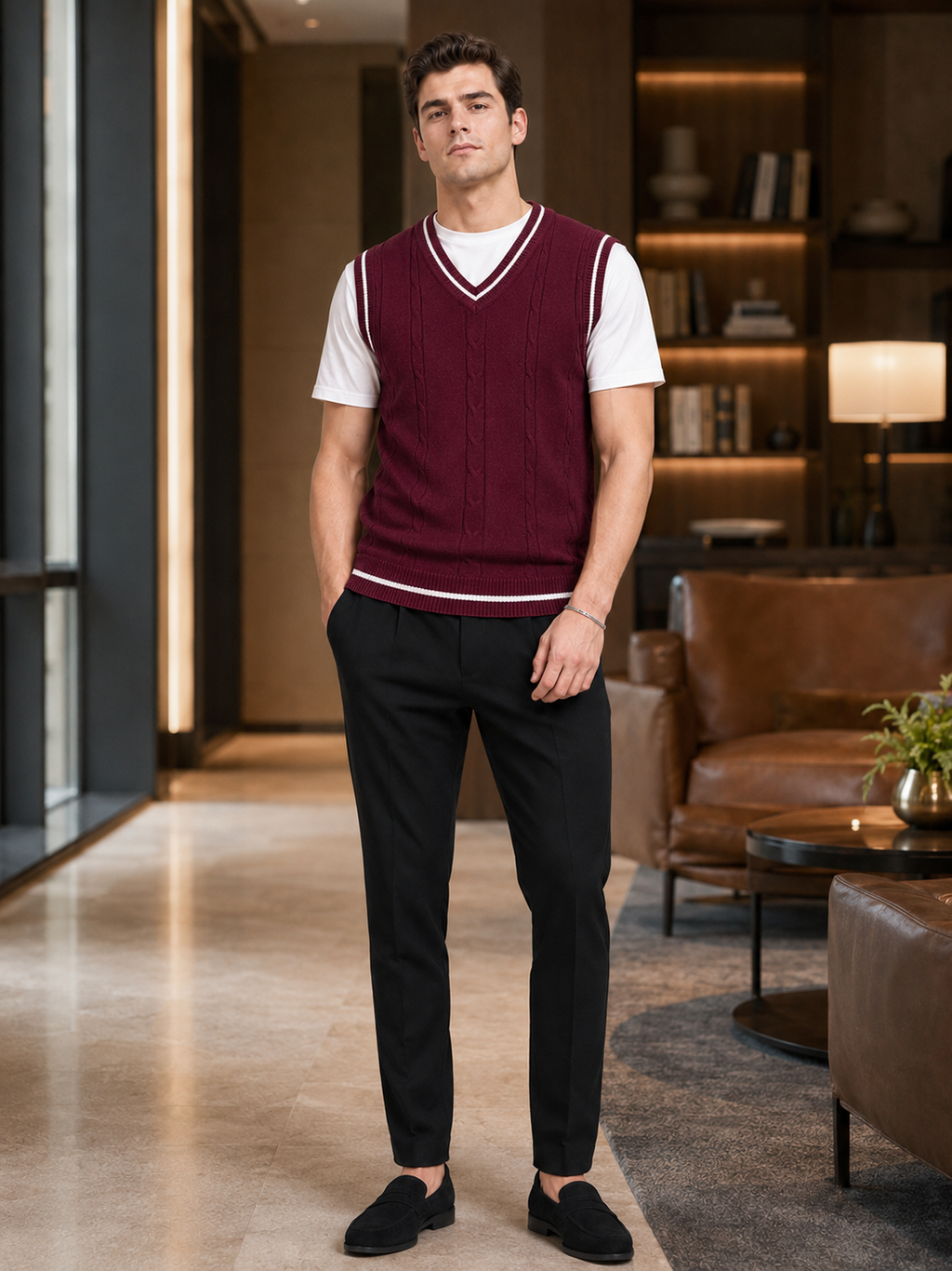 Man styling wine v neck sweater vest in an elegant business casual and everyday lifestyle outfit