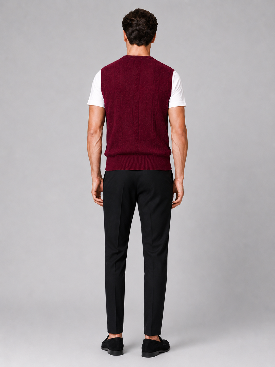Men’s wine knit sweater vest comfortable fall winter layer for office and casual outfits