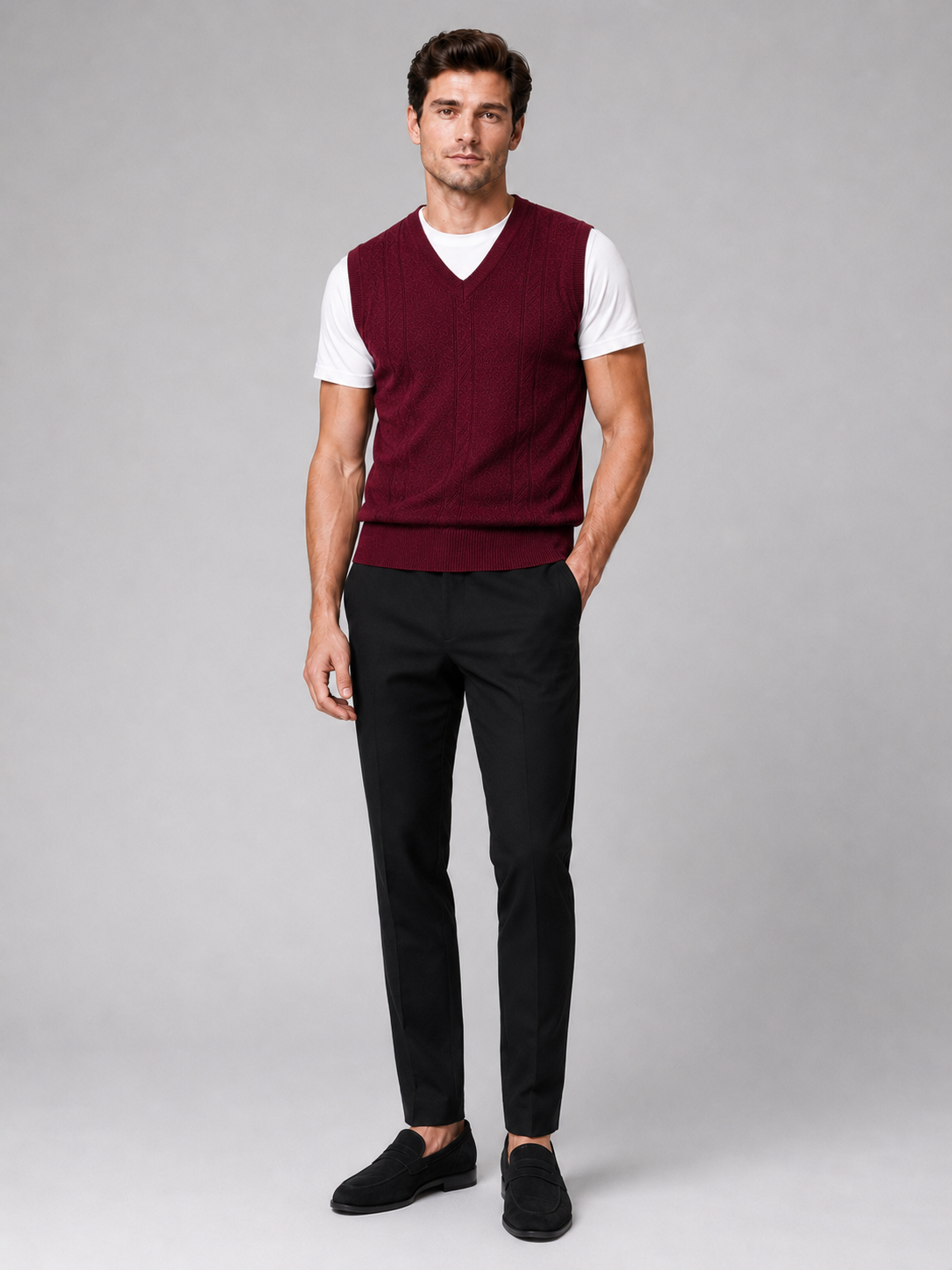 Wine sleeveless sweater vest for men warm knit layer for everyday wear