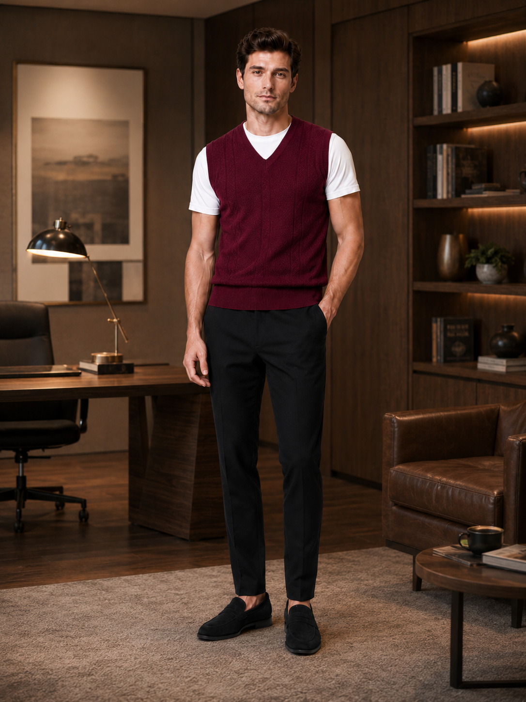 Man styling wine v neck sweater vest in a refined business casual everyday outfit