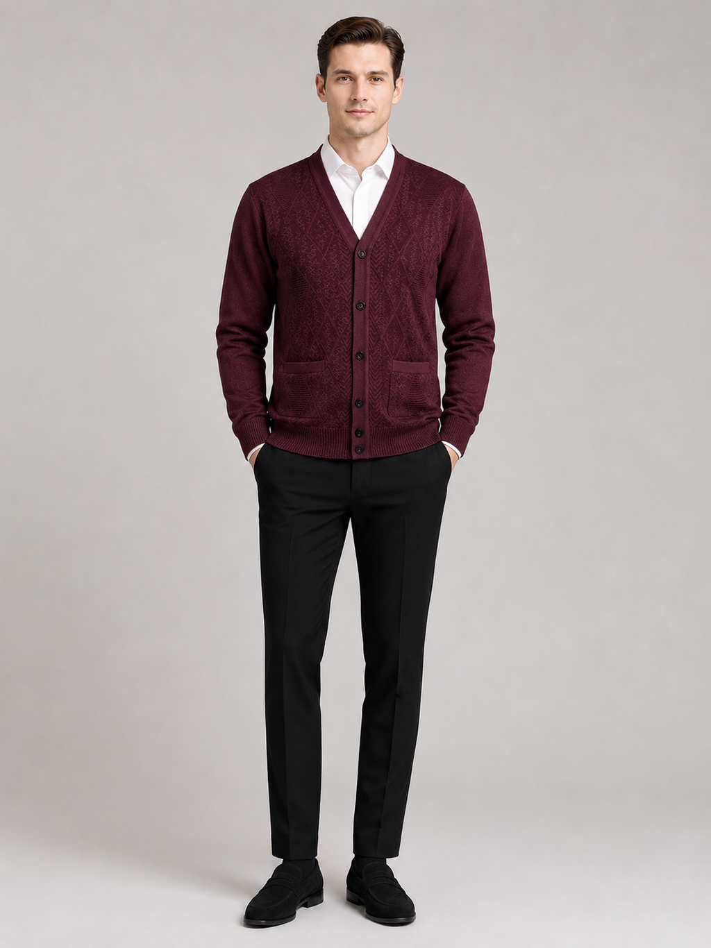 Wine v neck cardigan sweater for men warm button up layer for everyday winter wear