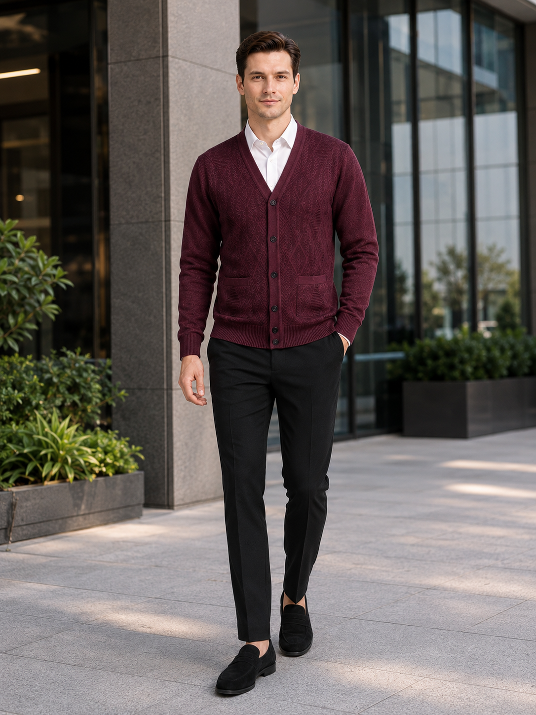 Man styling wine v neck cardigan sweater in a refined business casual and everyday lifestyle outfit