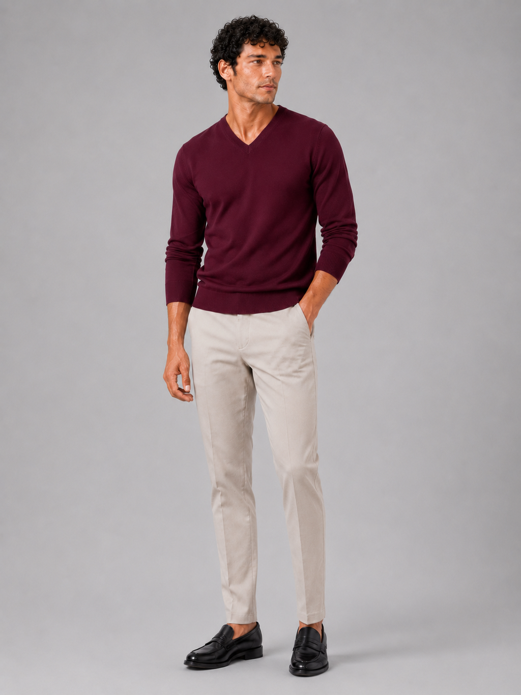 Wine v neck sweater for men slim fit long sleeve pullover for everyday fall wear