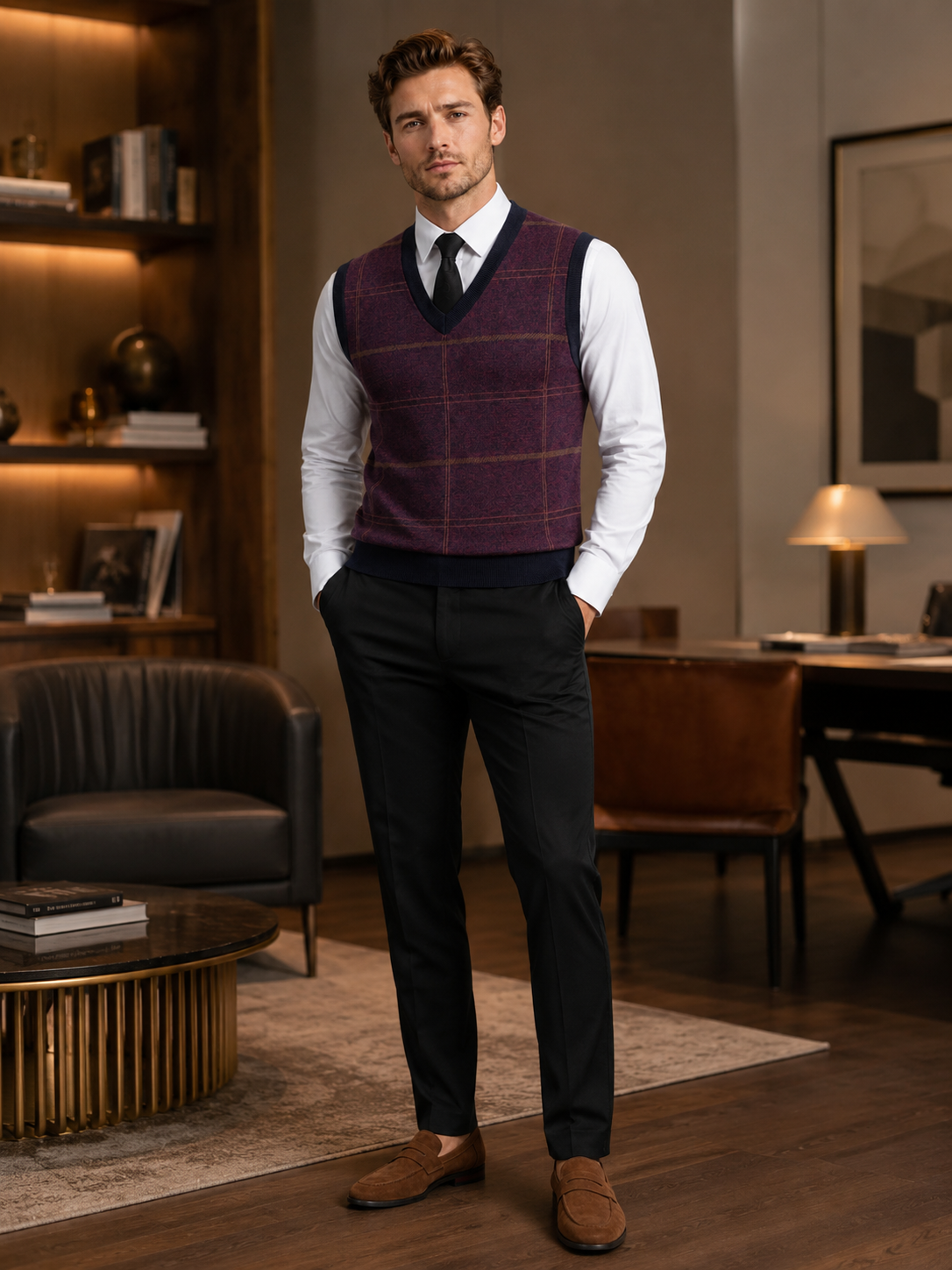 Man wearing a wine red diamond cable knit sweater vest over a dress shirt in a smart business casual fall winter outfit