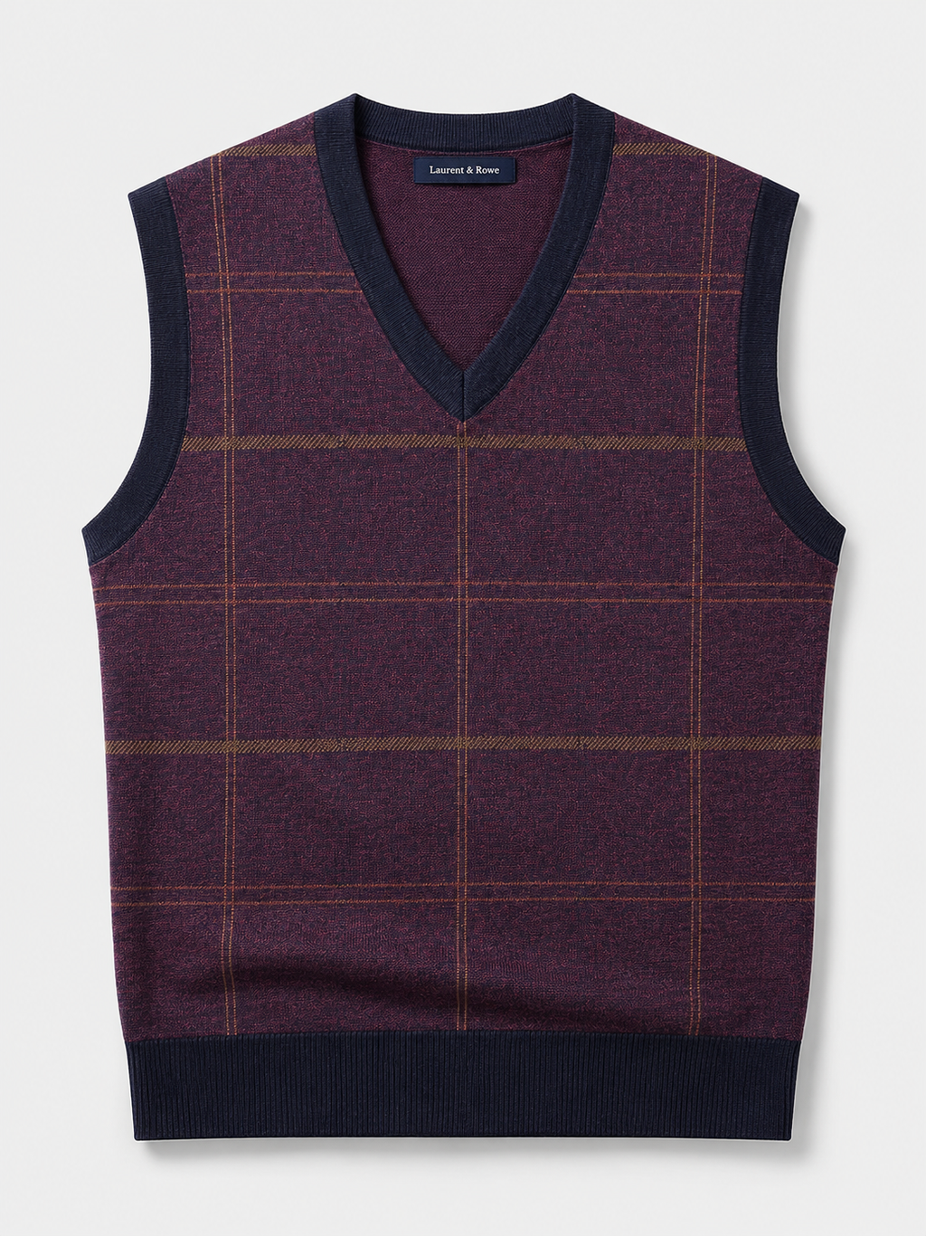 Wine red men’s V-neck sweater vest with a diamond cable knit design displayed on a plain background