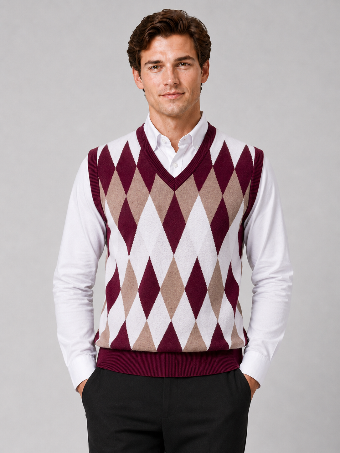 Men wearing wine argyle sweater vest v neck slim fit lightweight knit fall winter business casual style