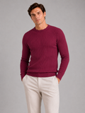 Men wearing wine cable knit crew neck sweater long sleeve lightweight spring business casual style