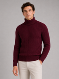 Men wearing wine cable knit turtleneck sweater slim fit heavyweight winter casual style