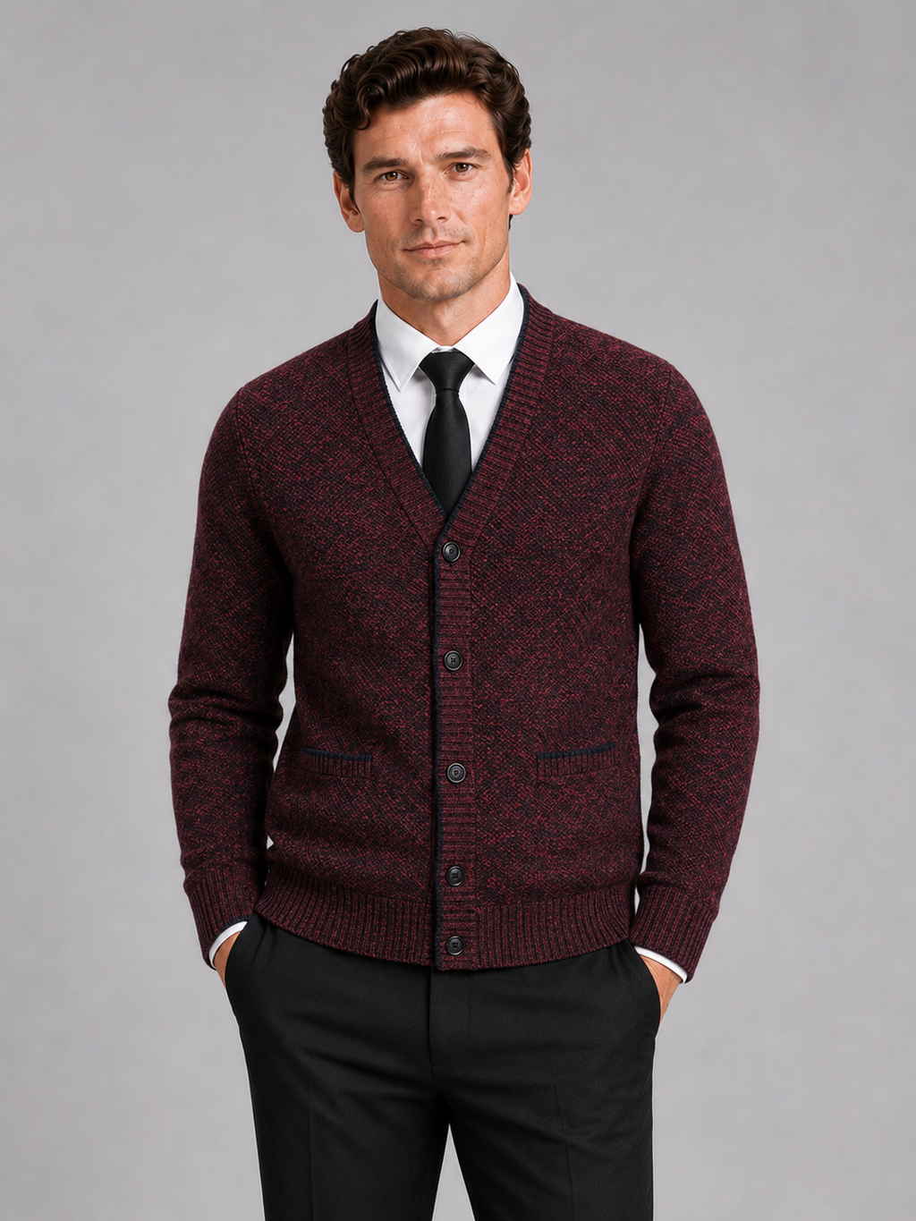 Men wearing wine v neck cardigan sweater knit long sleeve fall winter business casual style