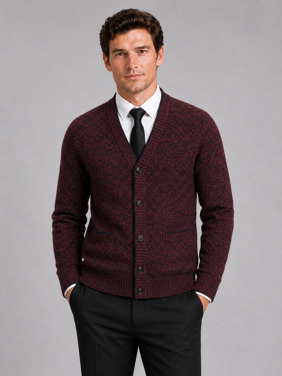 Men wearing wine v neck cardigan sweater knit long sleeve fall winter business casual style