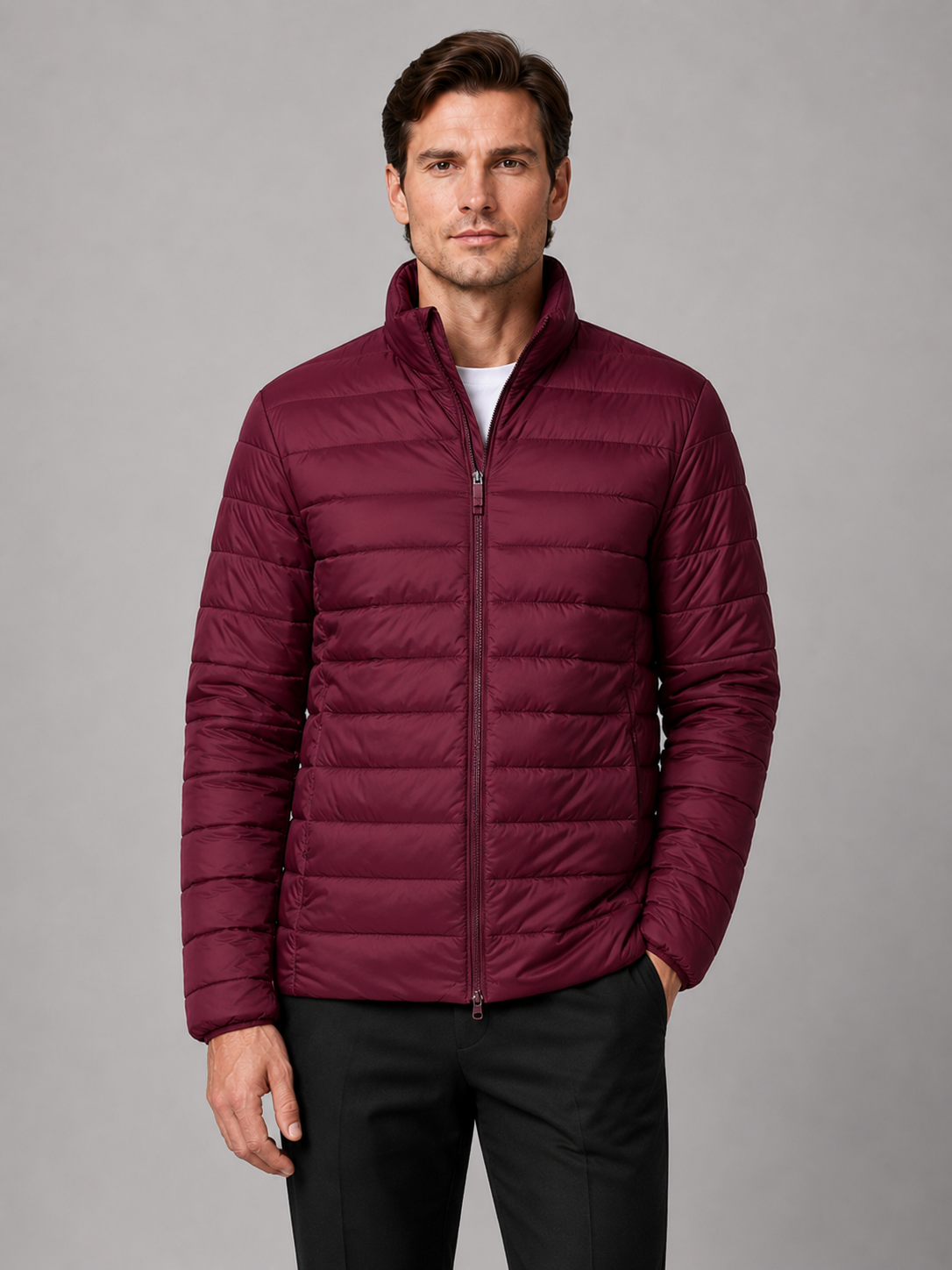 Men wearing wine down puffer jacket stand collar windproof waterproof winter outdoor style