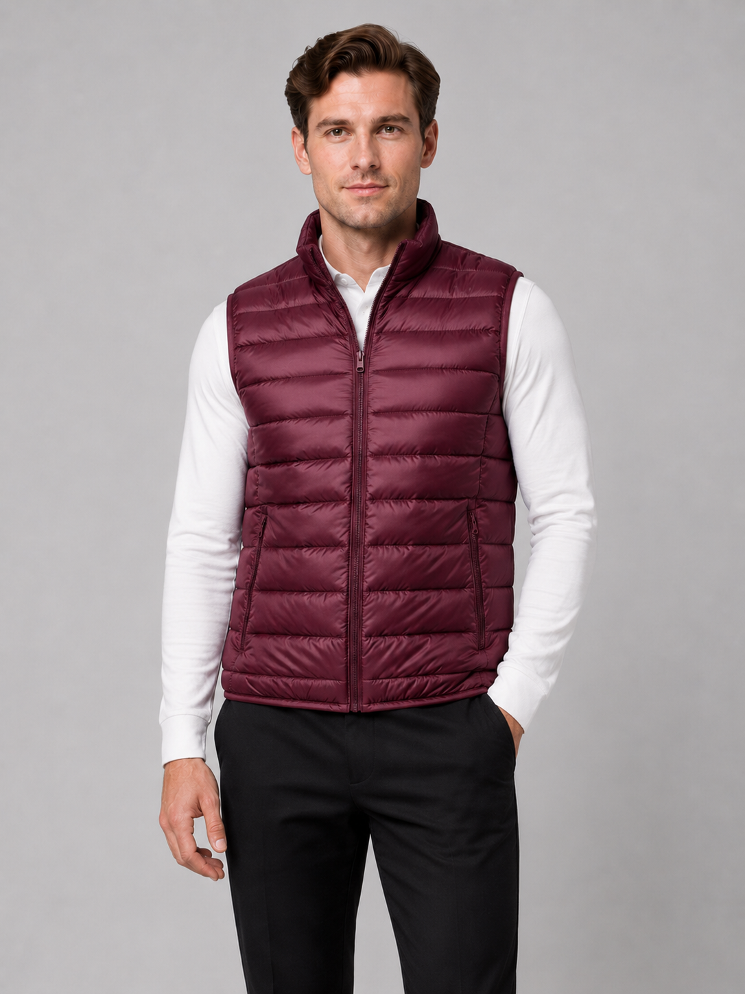 Men wearing wine ultralight down vest sleeveless lightweight warm winter travel style