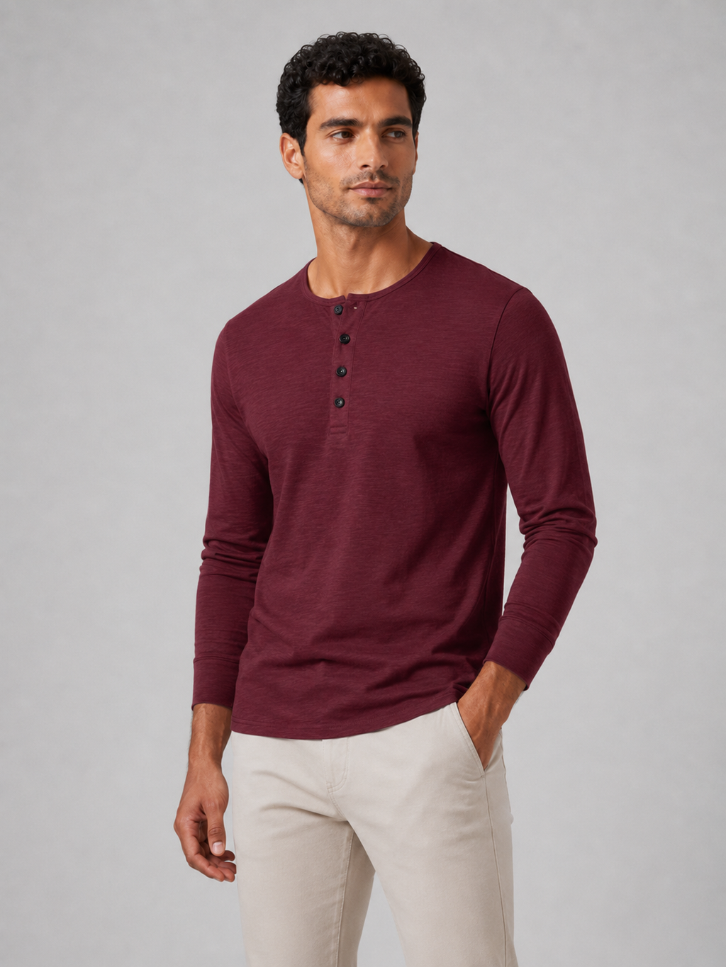 Men wearing wine fitted henley shirt long sleeve casual spring basic style