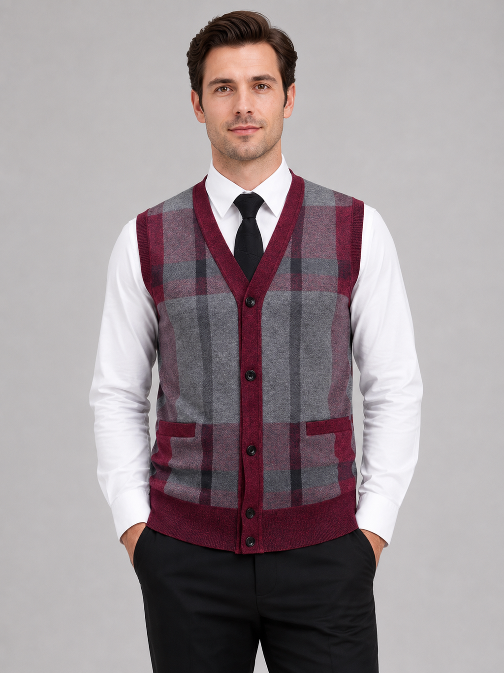 Men wearing wine fleece sweater vest v neck button front knit fall winter business casual style