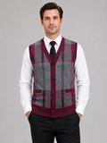 Men wearing wine fleece sweater vest v neck button front knit fall winter business casual style