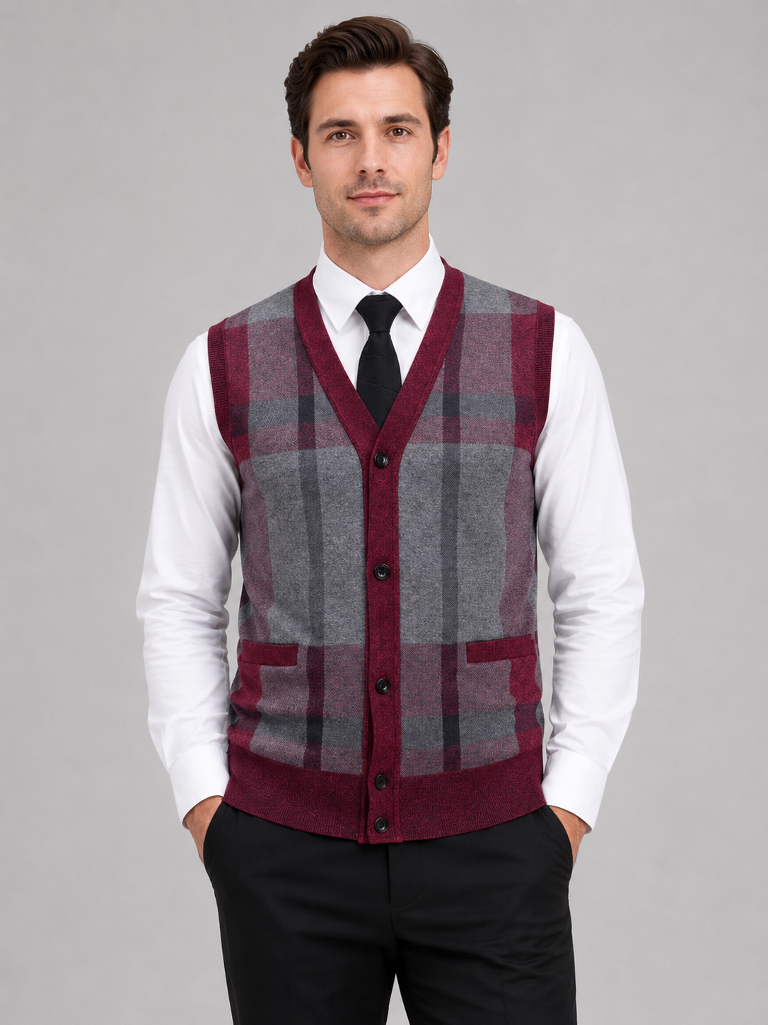 Men wearing wine fleece sweater vest v neck button front knit fall winter business casual style