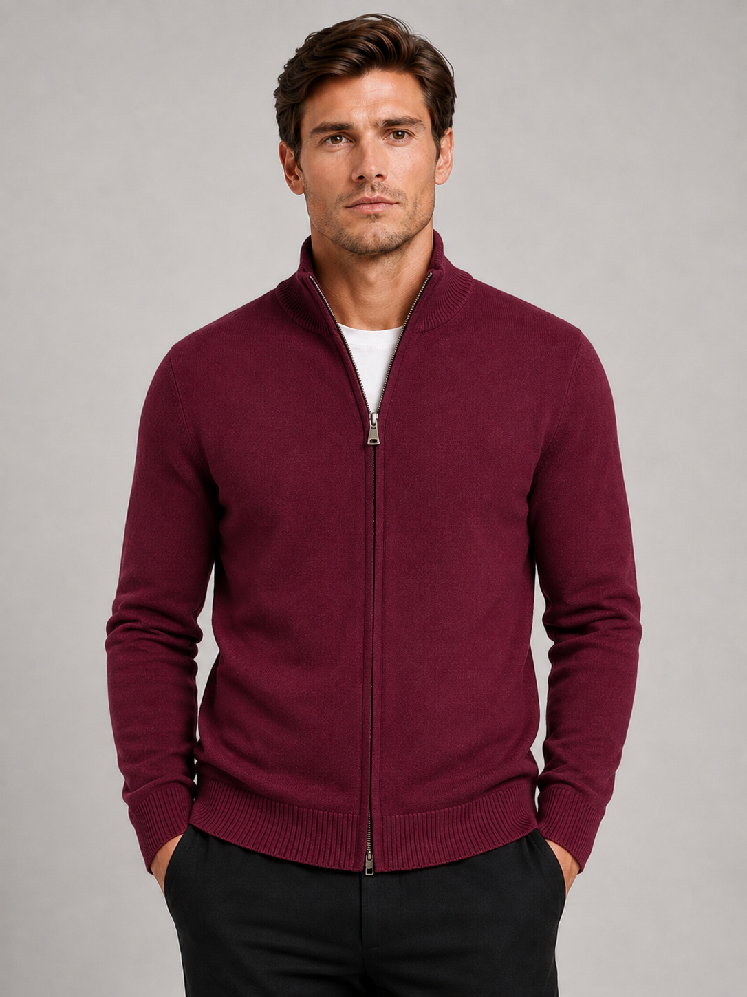 Front view of a man wearing a wine full zip knit sweater with a stand collar, slim fit, long sleeves, and warm fall winter design