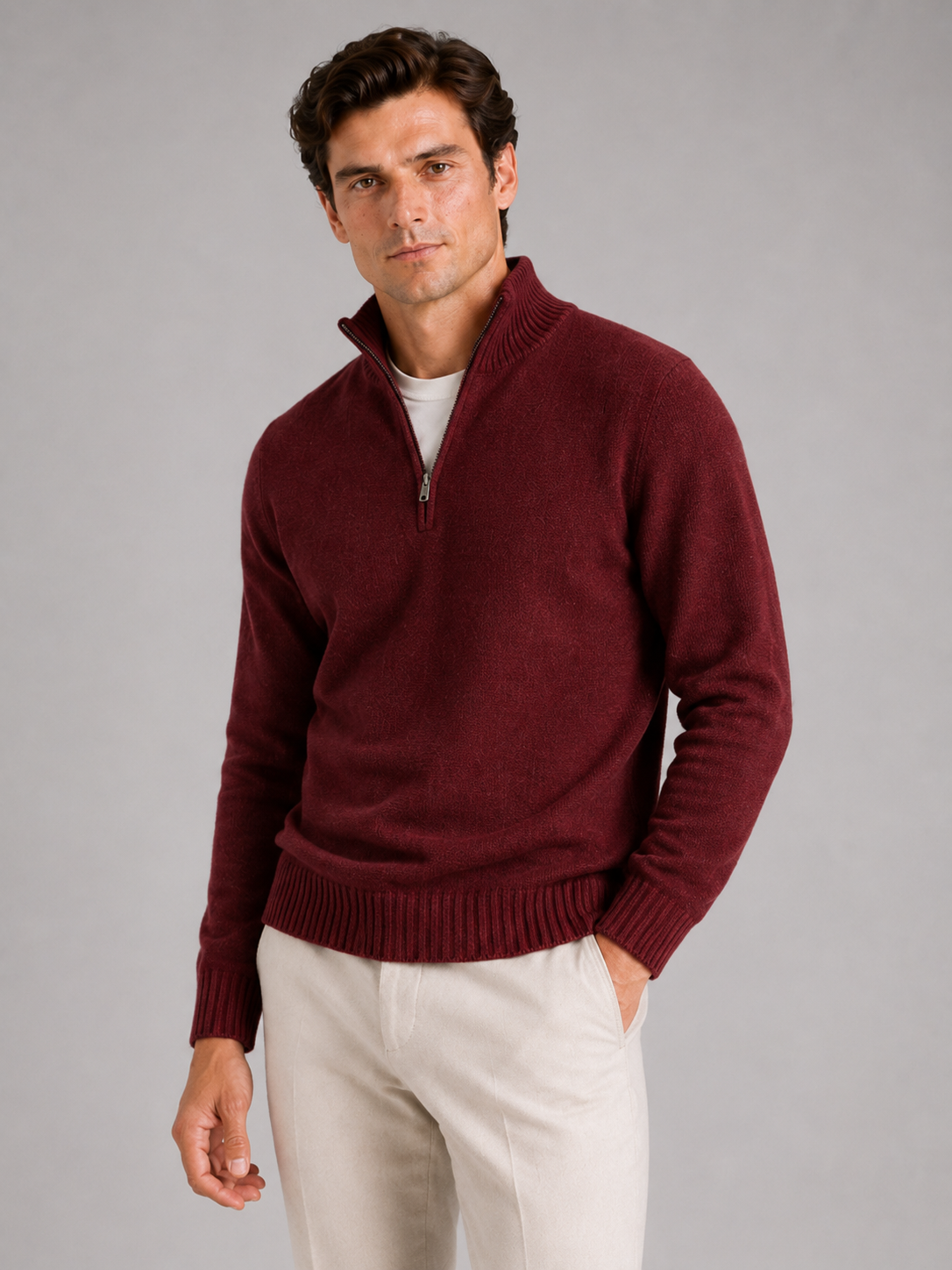 Men wearing wine half zip sweater long sleeve solid color knit pullover for fall everyday style
