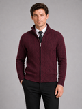 Men wearing wine knit stand collar full zip sweater thick warm fall winter casual style