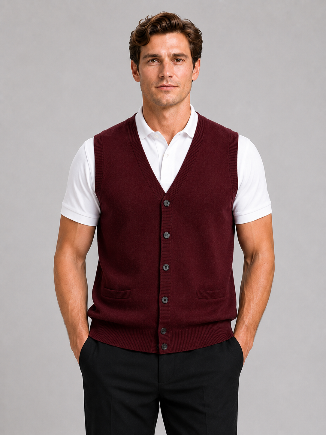 Men wearing wine knit sweater vest v neck button up fall winter business casual style