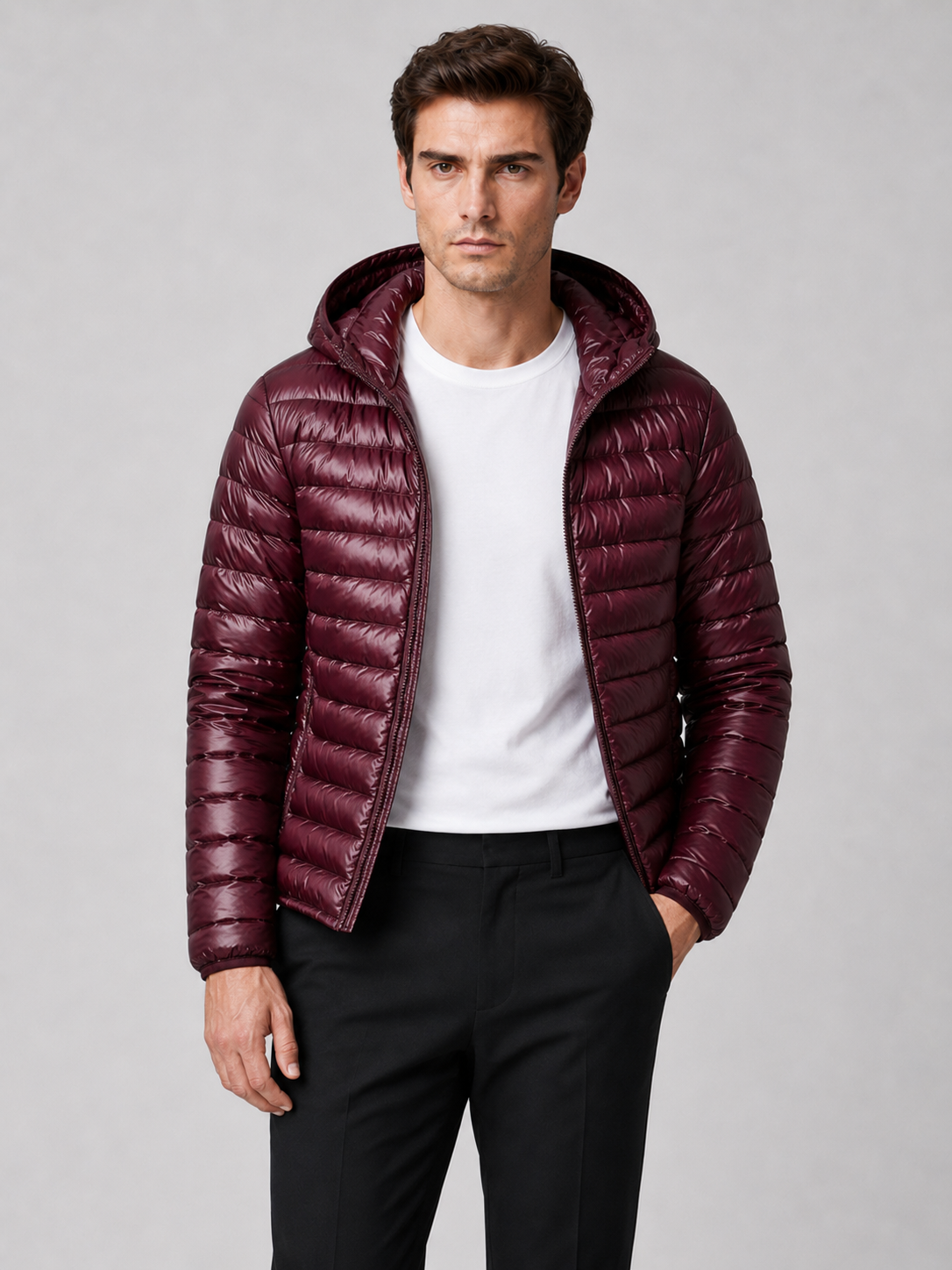 Men wearing wine lightweight hooded down puffer jacket thermal fall winter travel style