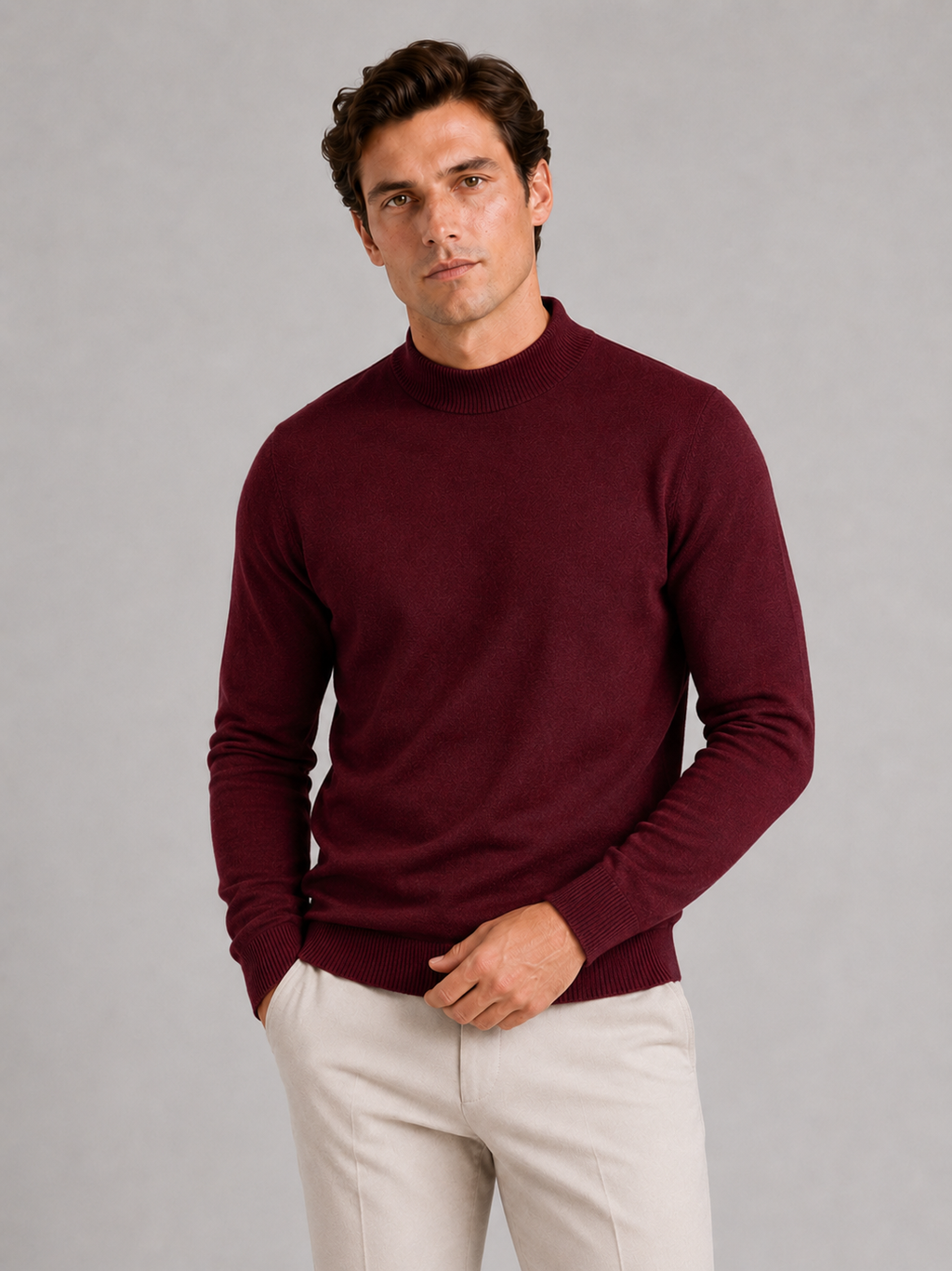 Men wearing wine mock neck sweater slim fit knit pullover warm winter casual style