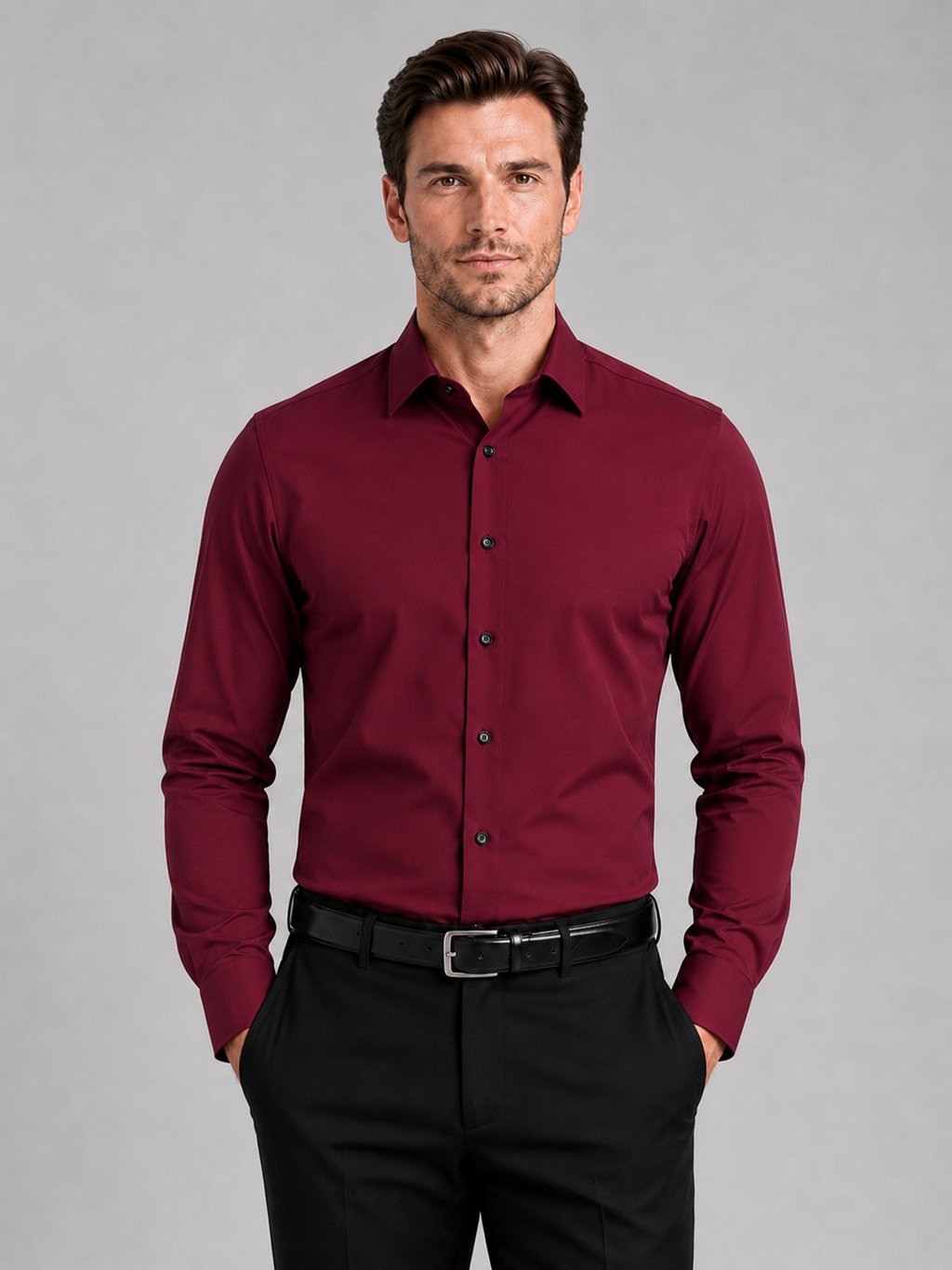 Men wearing wine button down shirt long sleeve non iron stretch business casual office style