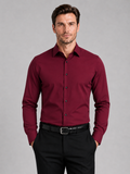 Men wearing wine button down shirt long sleeve non iron stretch business casual office style
