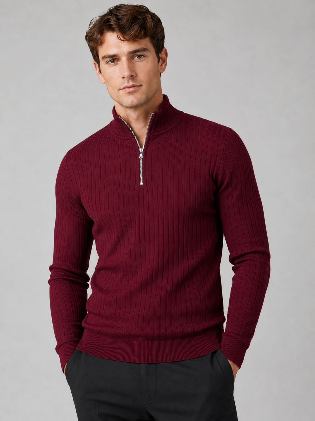 Men wearing wine quarter zip sweater mock neck long sleeve knit fall winter business casual style