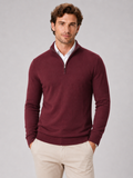 Men wearing wine quarter zip sweater slim fit lightweight mock neck spring fall casual style