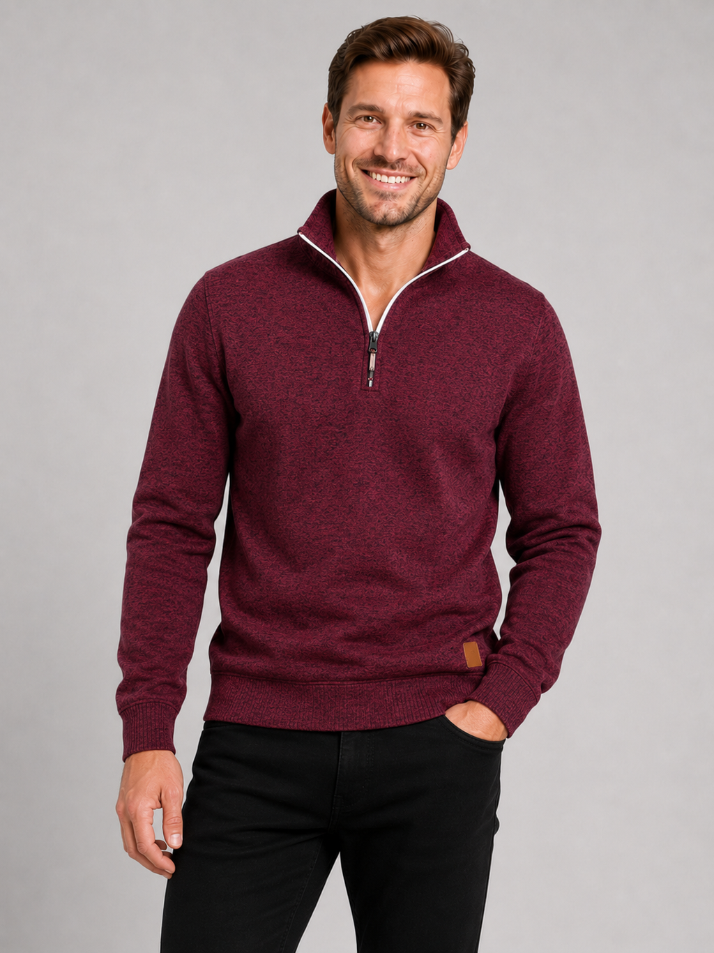 Men wearing wine quarter zip sweater stand collar long sleeve fall sportswear casual style