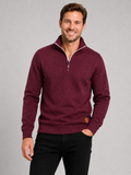 Men wearing wine quarter zip sweater stand collar long sleeve fall sportswear casual style