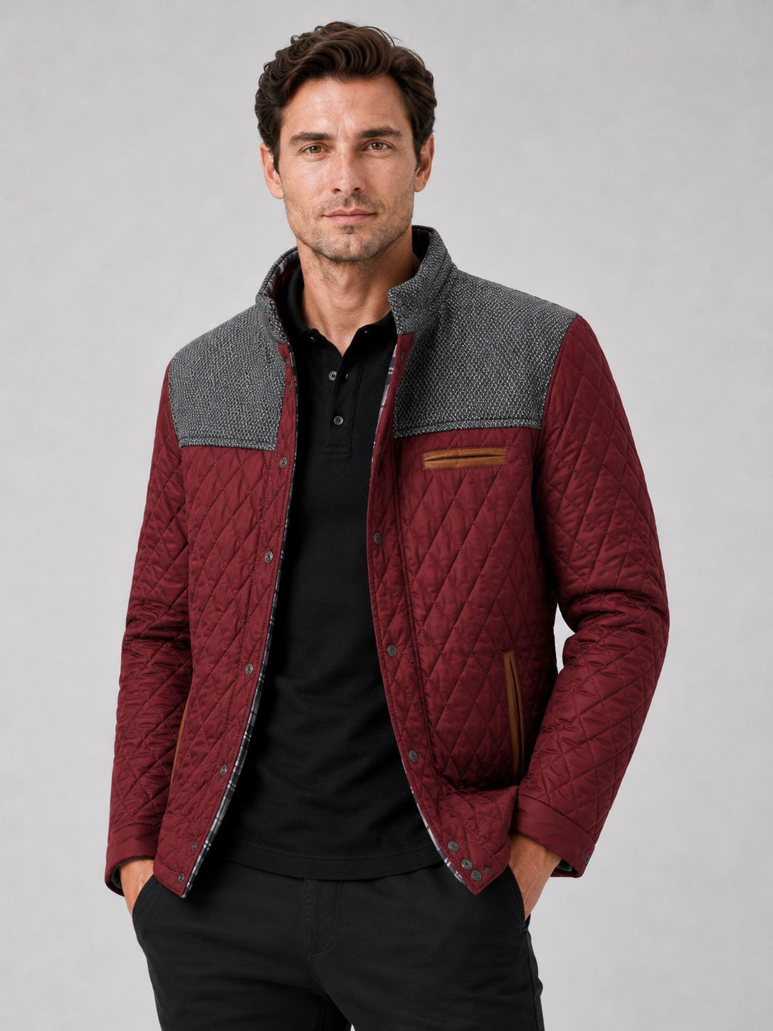 Men wearing wine quilted jacket lightweight button down casual fall travel style