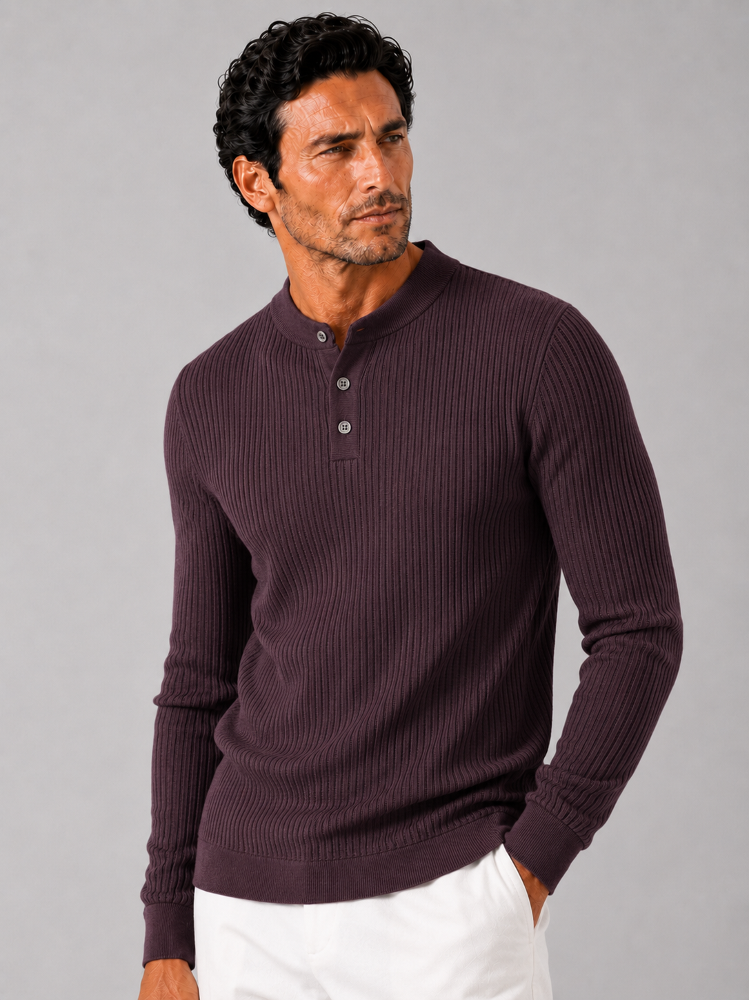 Men wearing wine ribbed stripe long sleeve henley polo shirt slim fit autumn winter style
