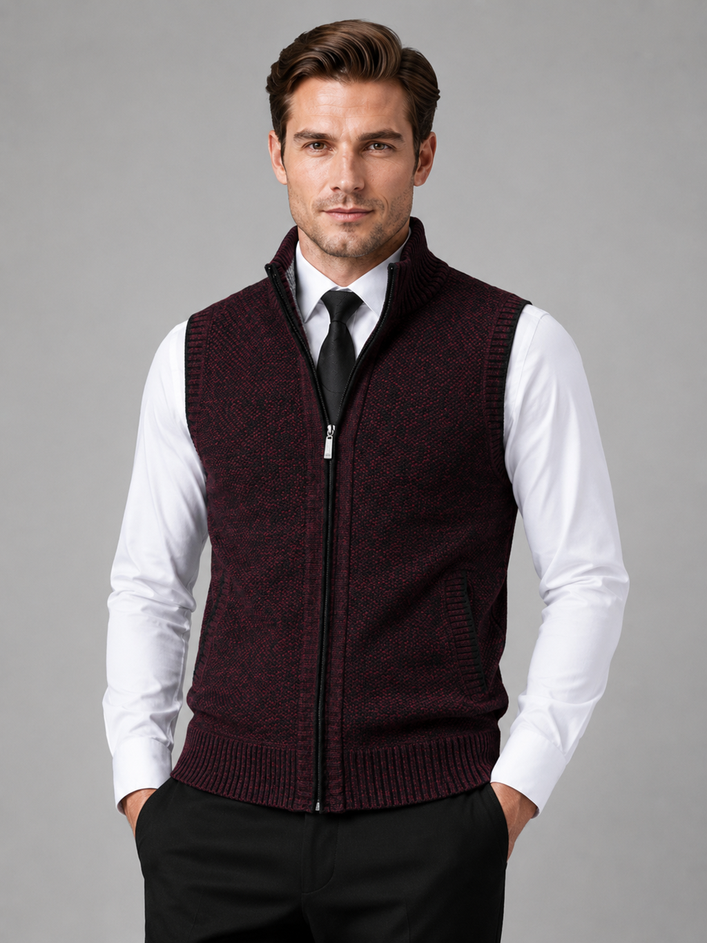Men wearing wine full zip sweater vest stand collar slim fit knit fall winter business casual style