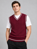 Men wearing wine sweater vest v neck slim fit patchwork knit fall winter business casual style