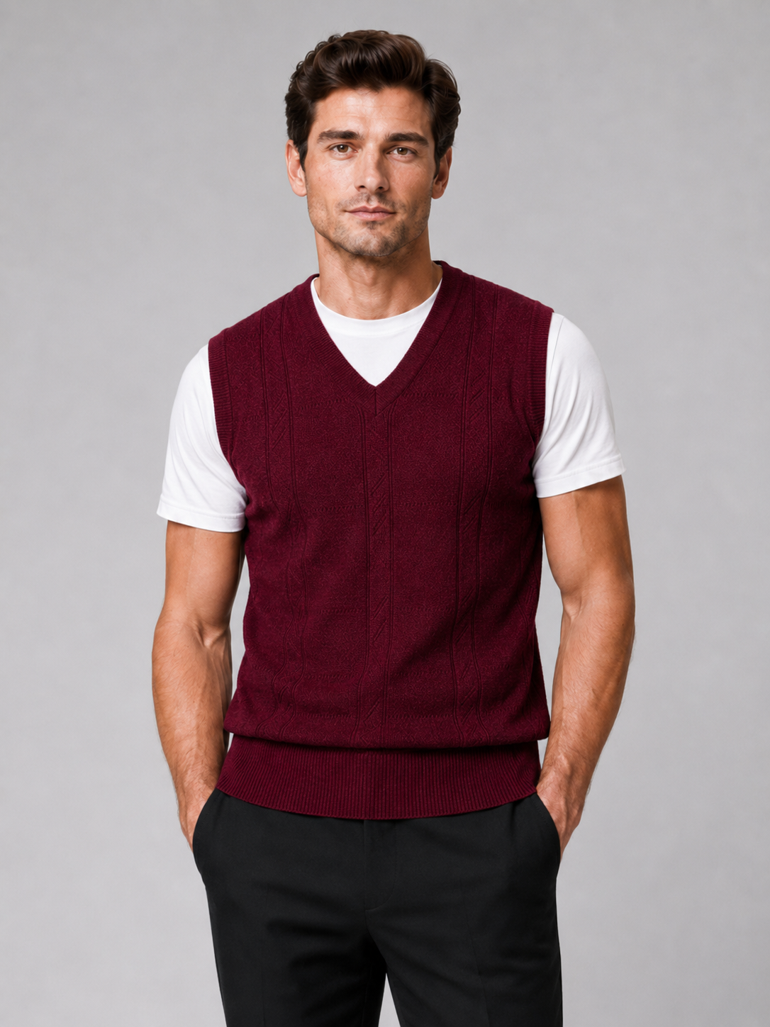Men wearing wine v neck sweater vest solid color knit fall winter business casual style