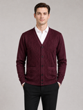 Men wearing wine v neck cardigan sweater button up knit fall winter business casual style