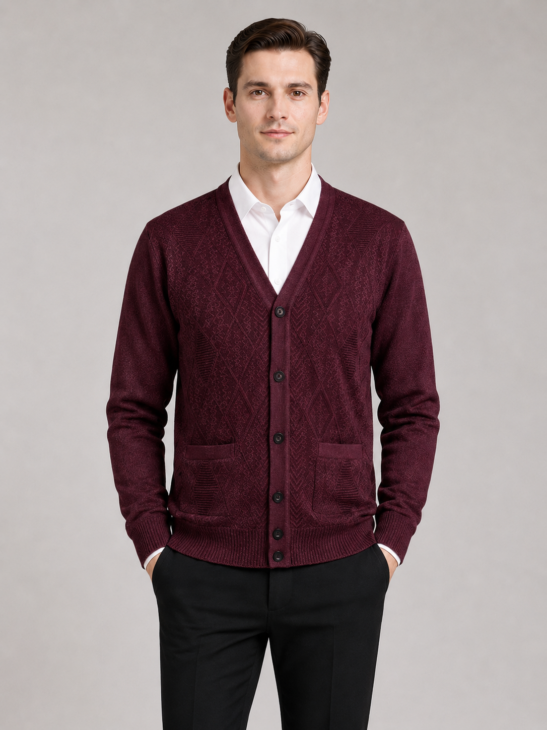 Men wearing wine v neck cardigan sweater button up knit fall winter business casual style