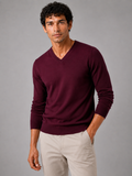 Men wearing wine v neck knit sweater slim fit long sleeve lightweight fall business casual style