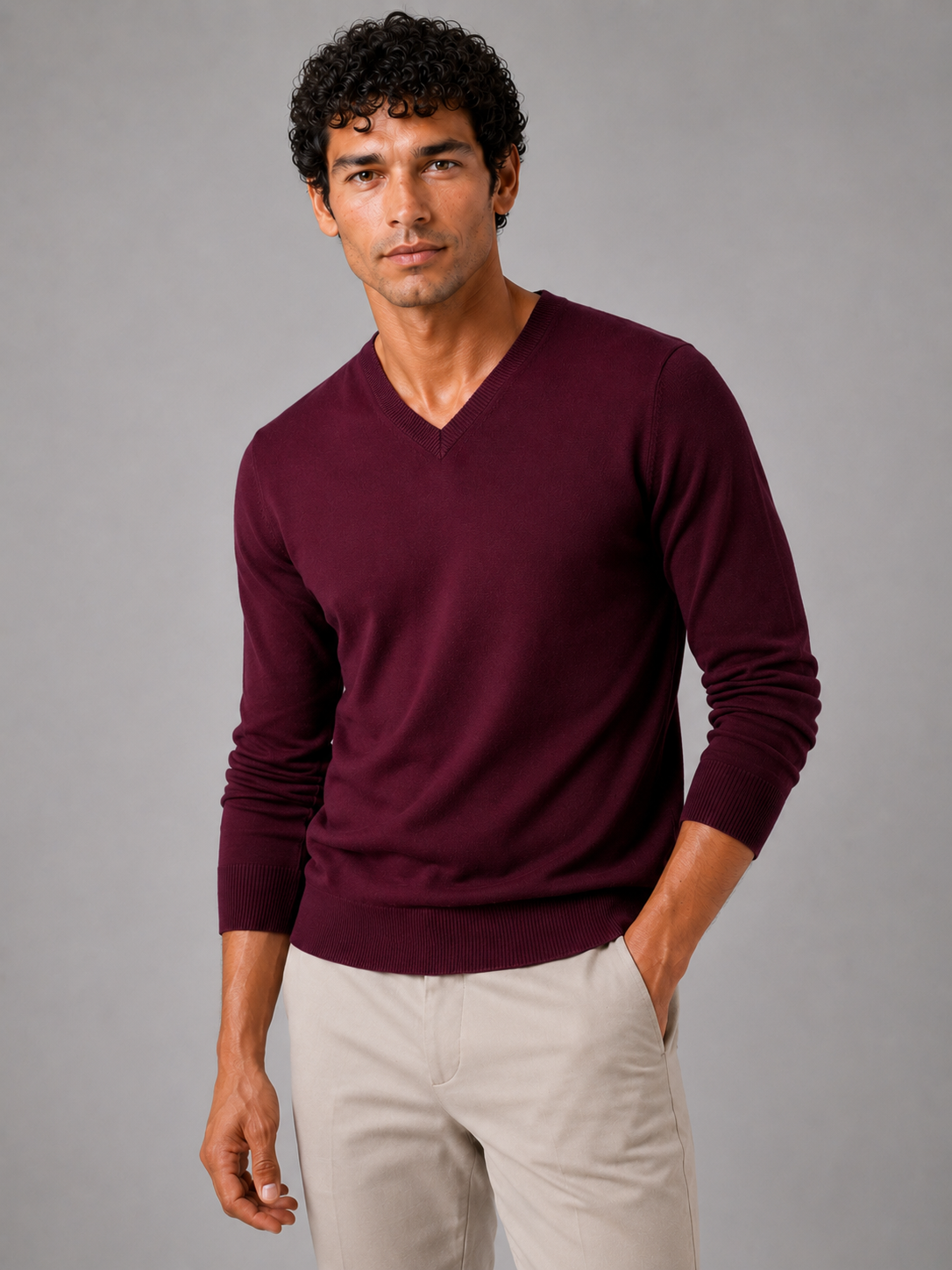 Men wearing wine v neck knit sweater slim fit long sleeve lightweight fall business casual style