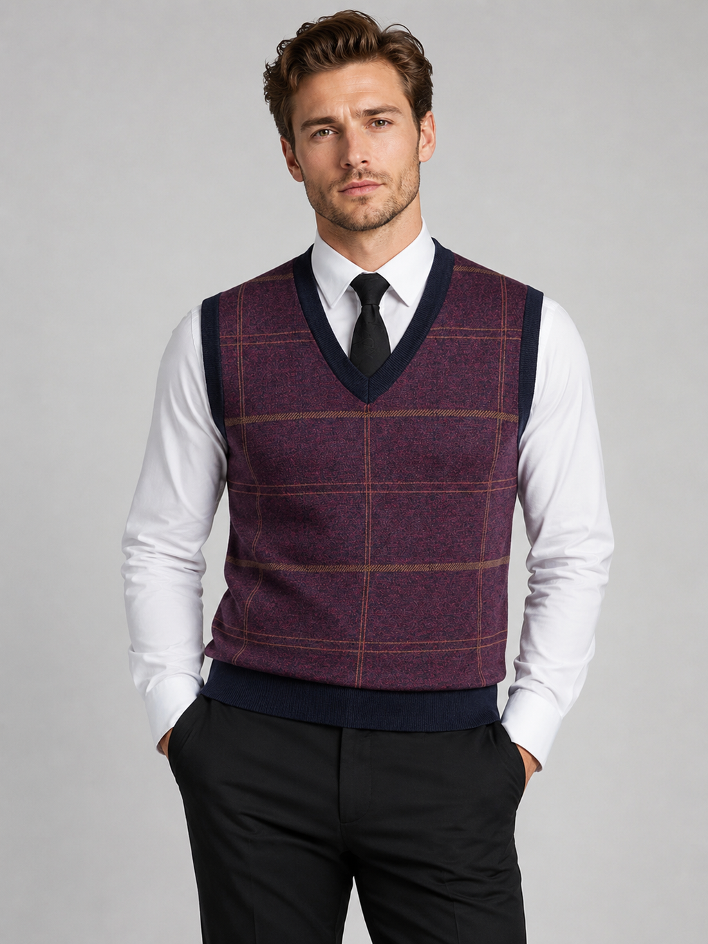 Front view of a man wearing a wine red V-neck sweater vest with a diamond cable knit pattern and warm pullover design
